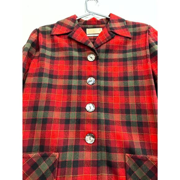 Pendleton Jacket Womens 16 Red Green Plaid Wool Pleated Long Sleeve Button Front - Picture 9 of 12